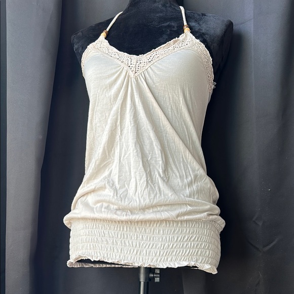 Boho Neutral Halter Top Adjustable Neckline/Crochet Trim w/Shirred Hem - Picture 1 of 6